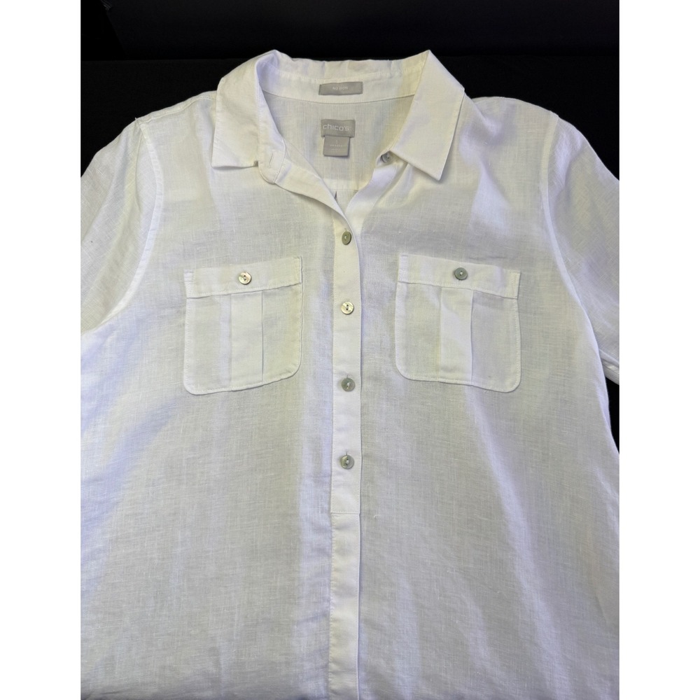 Chicos No Iron 100% Linen Shirt 1 M White 3/4 Sleeve Button Down Tunic Blouse - Picture 7 of 14